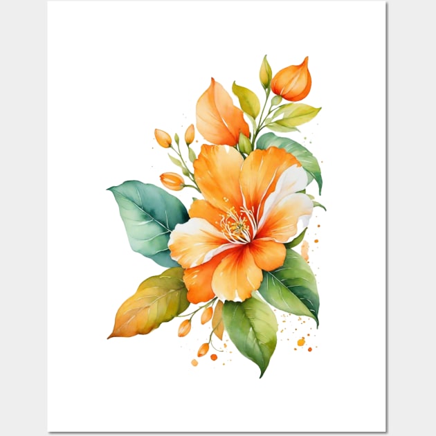 watercolor orange flower and leaf Wall Art by Anik Arts